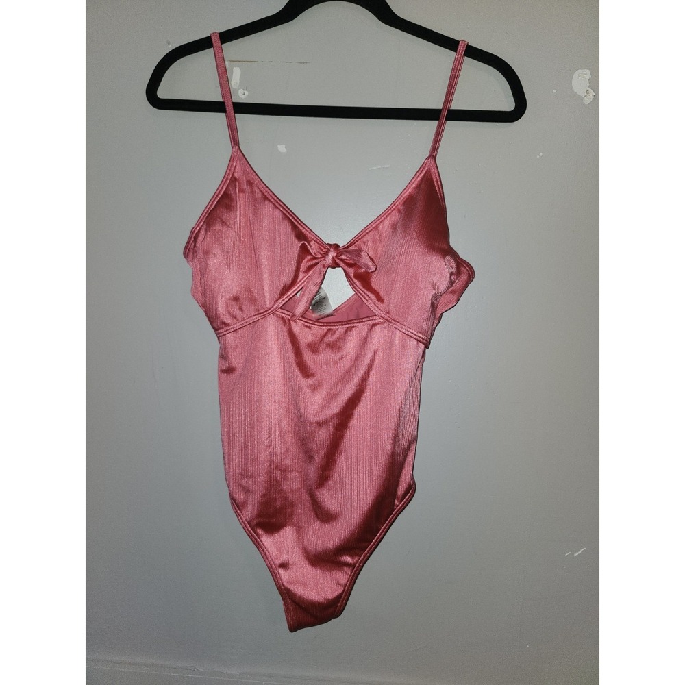 Damsel Women's One Piece Swimsuit Size Large Pink Satin Look Cutout Tie Front